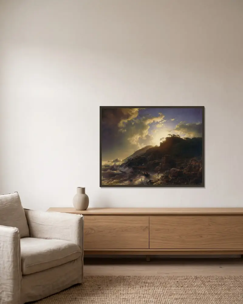 Solnedgång efter storm på Siciliens kust av Andreas Achenbach inramad på en vägg