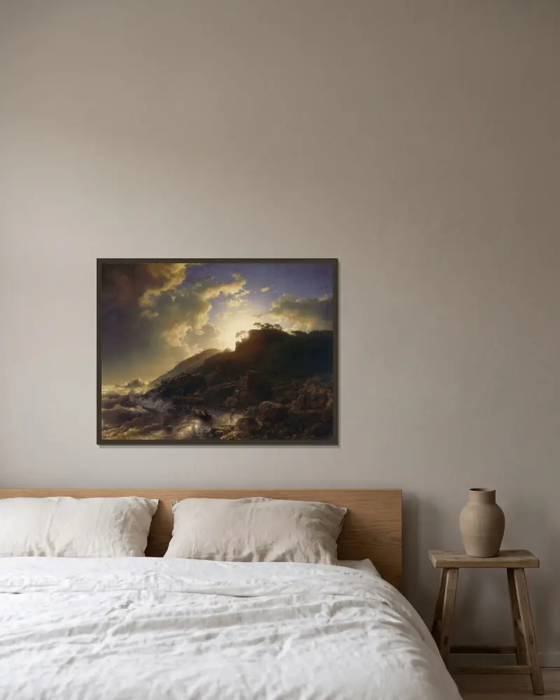 Solnedgång efter storm på Siciliens kust av Andreas Achenbach inramad på en vägg