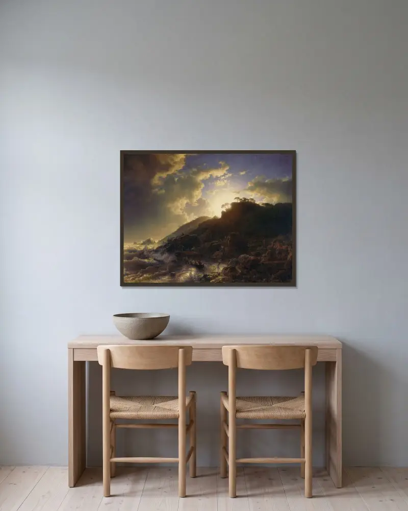 Solnedgång efter storm på Siciliens kust av Andreas Achenbach inramad på en vägg