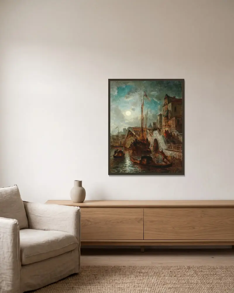 Venedig, en kanal i månsken, med Santa Maria della Salute i bakgrunden av Andreas Achenbach inramad på en vägg