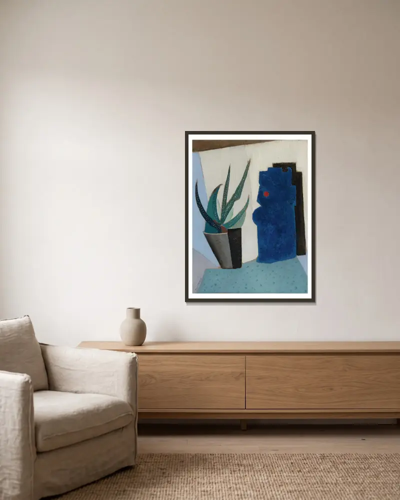 Still Life with Cactus av Ángel Zárraga inramad på en vägg