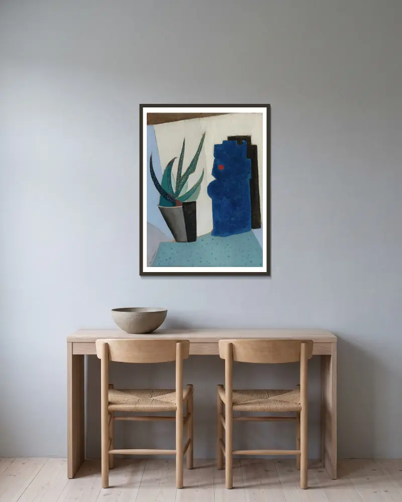 Still Life with Cactus av Ángel Zárraga inramad på en vägg