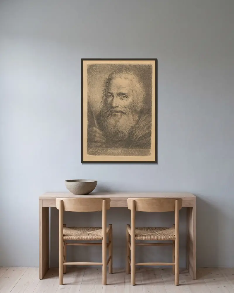 Byst av en äldre man av Angelica Kauffmann inramad på en vägg