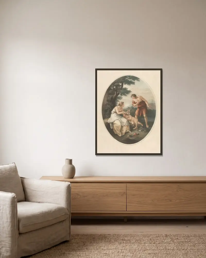 Amor och Cephisa av Angelica Kauffmann inramad på en vägg