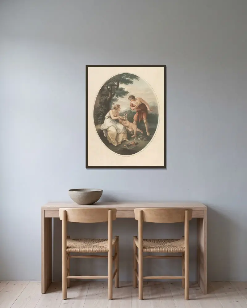 Amor och Cephisa av Angelica Kauffmann inramad på en vägg