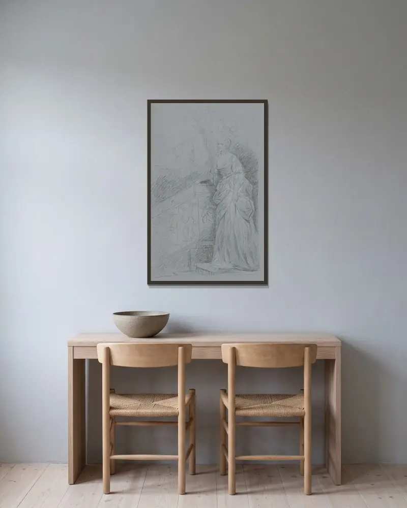 Dam i helfigur på en yttertrappa av Angelica Kauffmann inramad på en vägg