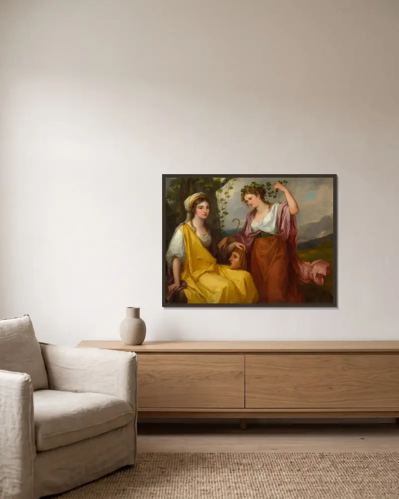 Domenica Morghen née Volpato (1760–1811) and Maddalena Volpato née Riggi (1765–1825) as the Muses of Tragedy and Comedy av Angelica Kauffmann inramad på en vägg