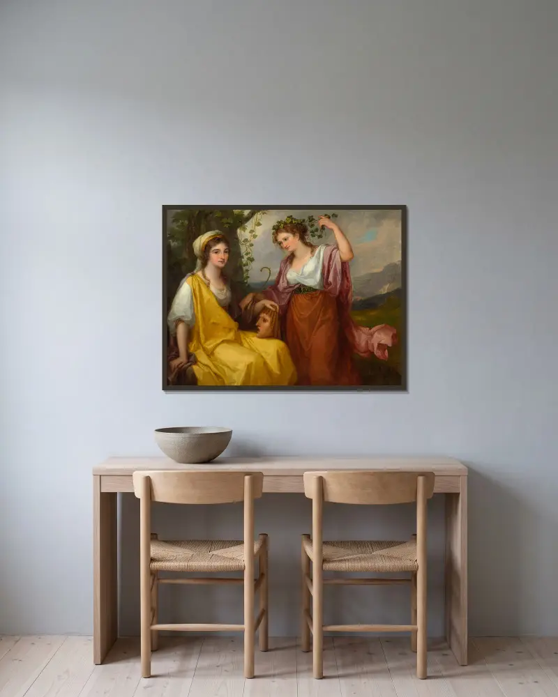 Domenica Morghen née Volpato (1760–1811) and Maddalena Volpato née Riggi (1765–1825) as the Muses of Tragedy and Comedy av Angelica Kauffmann inramad på en vägg