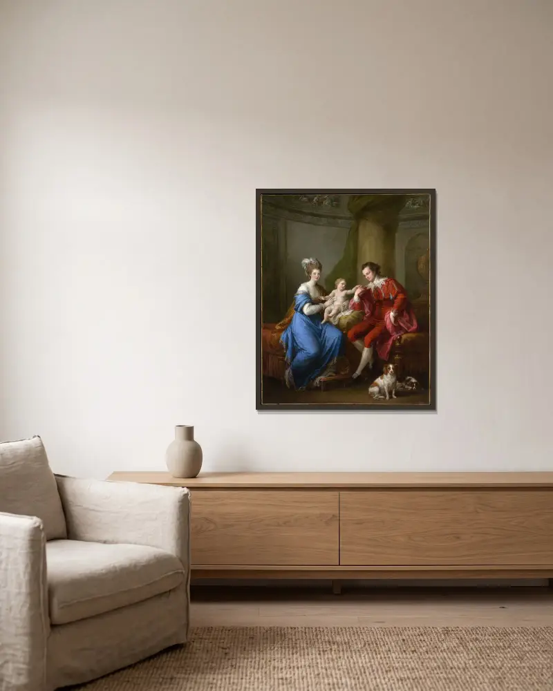 Edward Smith Stanley, tolfte earlen av Derby, med sin första hustru Lady Elizabeth Hamilton och deras son Edward Smith Stanley av Angelica Kauffmann inramad på en vägg