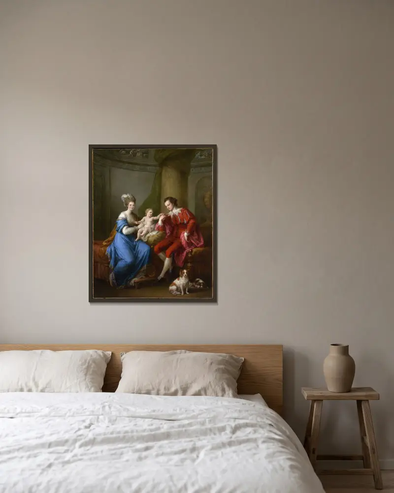 Edward Smith Stanley, tolfte earlen av Derby, med sin första hustru Lady Elizabeth Hamilton och deras son Edward Smith Stanley av Angelica Kauffmann inramad på en vägg