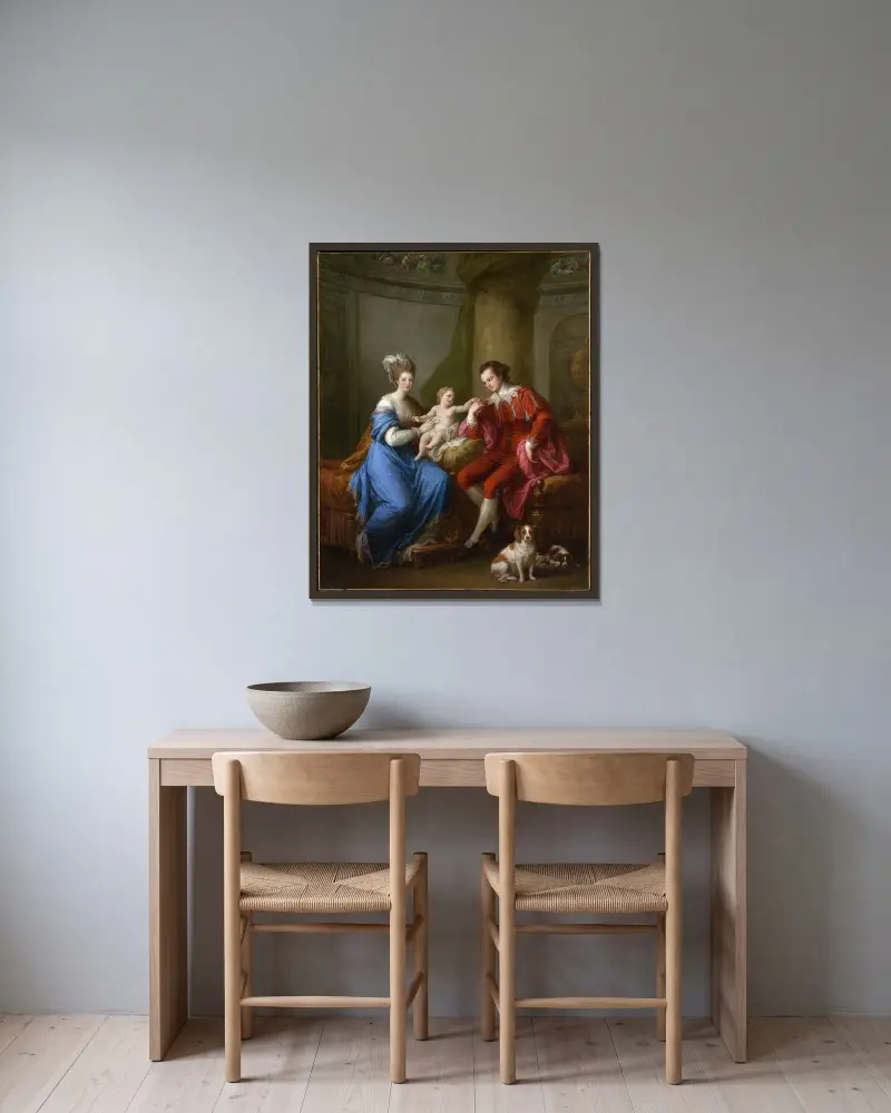 Edward Smith Stanley, tolfte earlen av Derby, med sin första hustru Lady Elizabeth Hamilton och deras son Edward Smith Stanley av Angelica Kauffmann inramad på en vägg