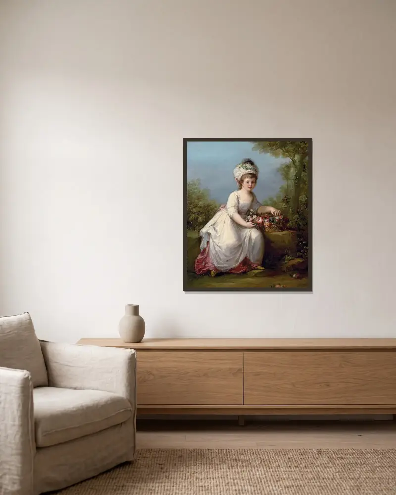 Porträt eines jungen Mädchens, ganzfigurig, sitzend in einem weißen Kleid mit einem Blumenkorb, in einer Landschaft von Angelica Kauffmann gerahmt an einer Wand