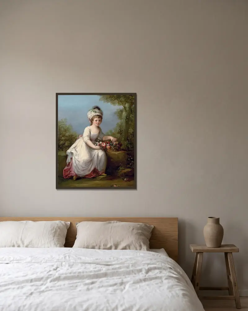 Porträt eines jungen Mädchens, ganzfigurig, sitzend in einem weißen Kleid mit einem Blumenkorb, in einer Landschaft von Angelica Kauffmann gerahmt an einer Wand