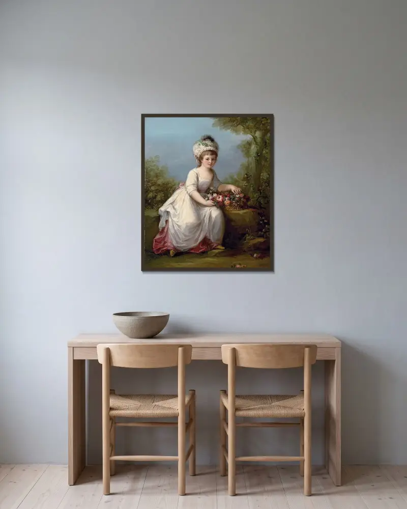Porträt eines jungen Mädchens, ganzfigurig, sitzend in einem weißen Kleid mit einem Blumenkorb, in einer Landschaft von Angelica Kauffmann gerahmt an einer Wand
