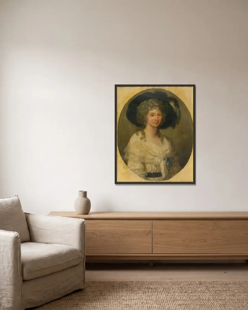 Porträtt av Baronessan von Bauer av Angelica Kauffmann inramad på en vägg