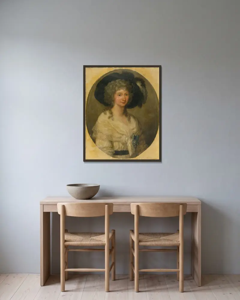 Porträtt av Baronessan von Bauer av Angelica Kauffmann inramad på en vägg
