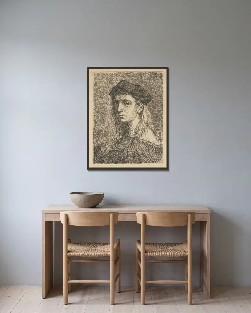 Porträtt av Rafael av Angelica Kauffmann inramad på en vägg