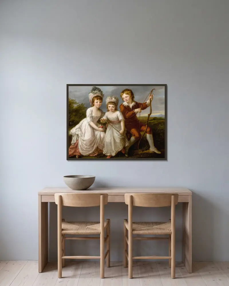 Portrait Of Three Children av Angelica Kauffmann inramad på en vägg