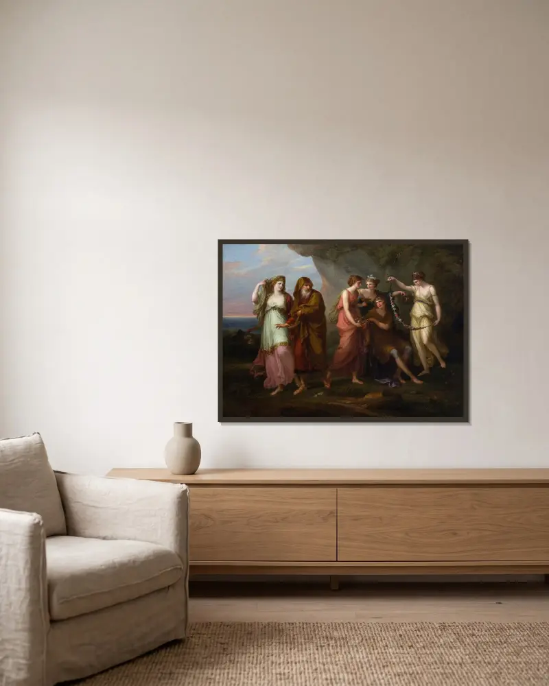 Telemakos och Kalysos nymfer av Angelica Kauffmann inramad på en vägg