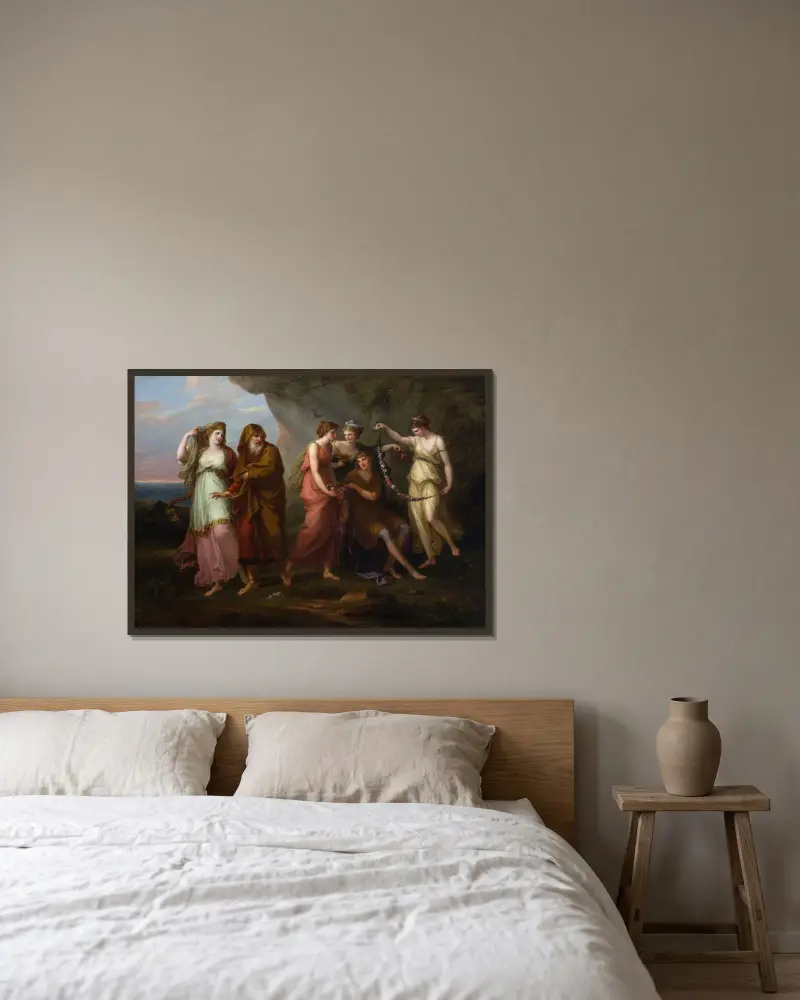 Telemakos och Kalysos nymfer av Angelica Kauffmann inramad på en vägg