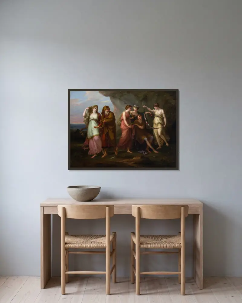 Telemakos och Kalysos nymfer av Angelica Kauffmann inramad på en vägg