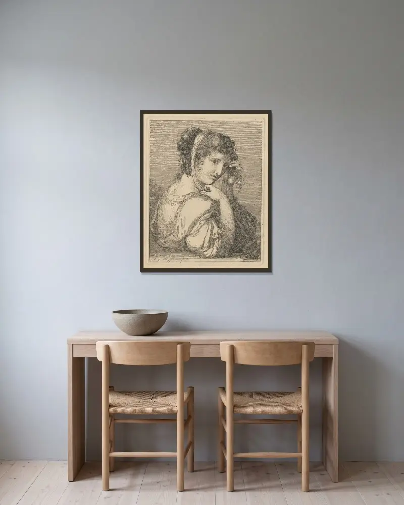 Kvinna gråtande vid en urna av Angelica Kauffmann inramad på en vägg
