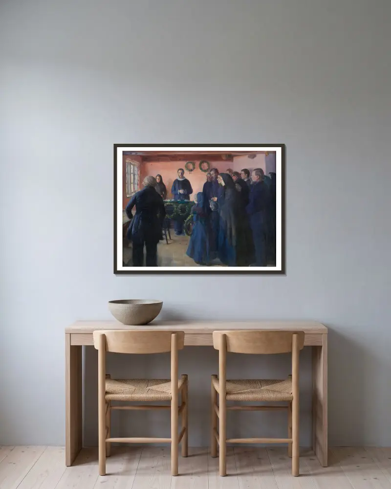 Ein Begräbnis von Anna Ancher gerahmt an einer Wand