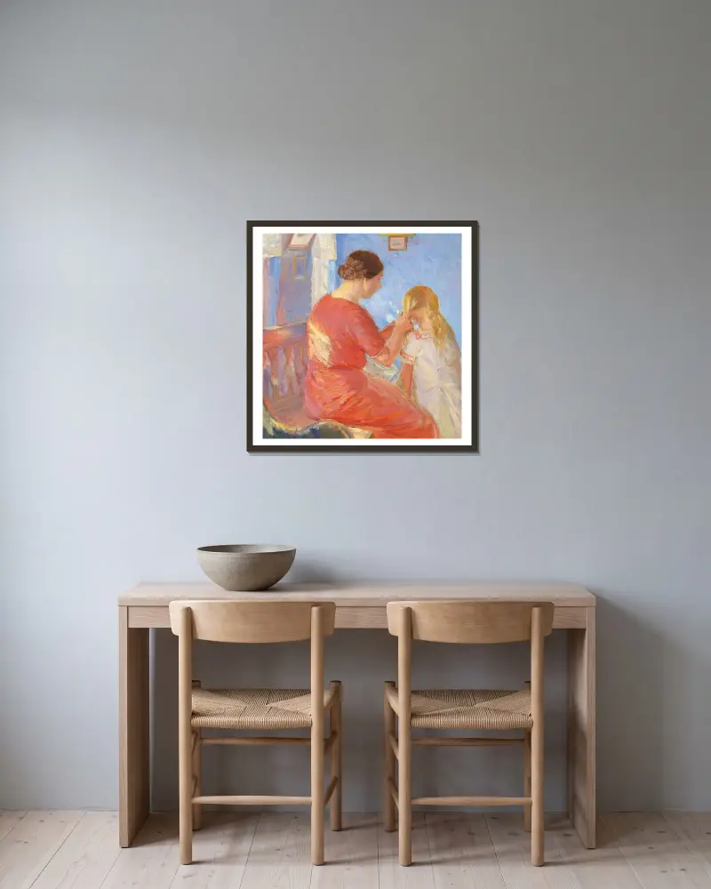 Moderen fletter Barnets Haar av Anna Ancher inramad på en vägg