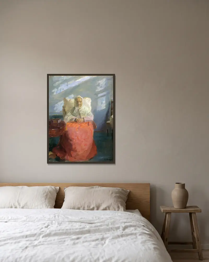 Mrs Ane Brøndum in the blue room av Anna Ancher inramad på en vägg