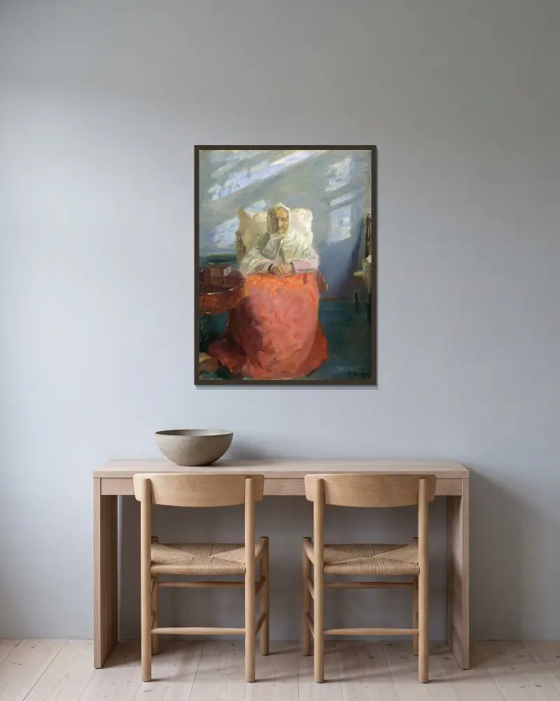 Mrs Ane Brøndum in the blue room av Anna Ancher inramad på en vägg