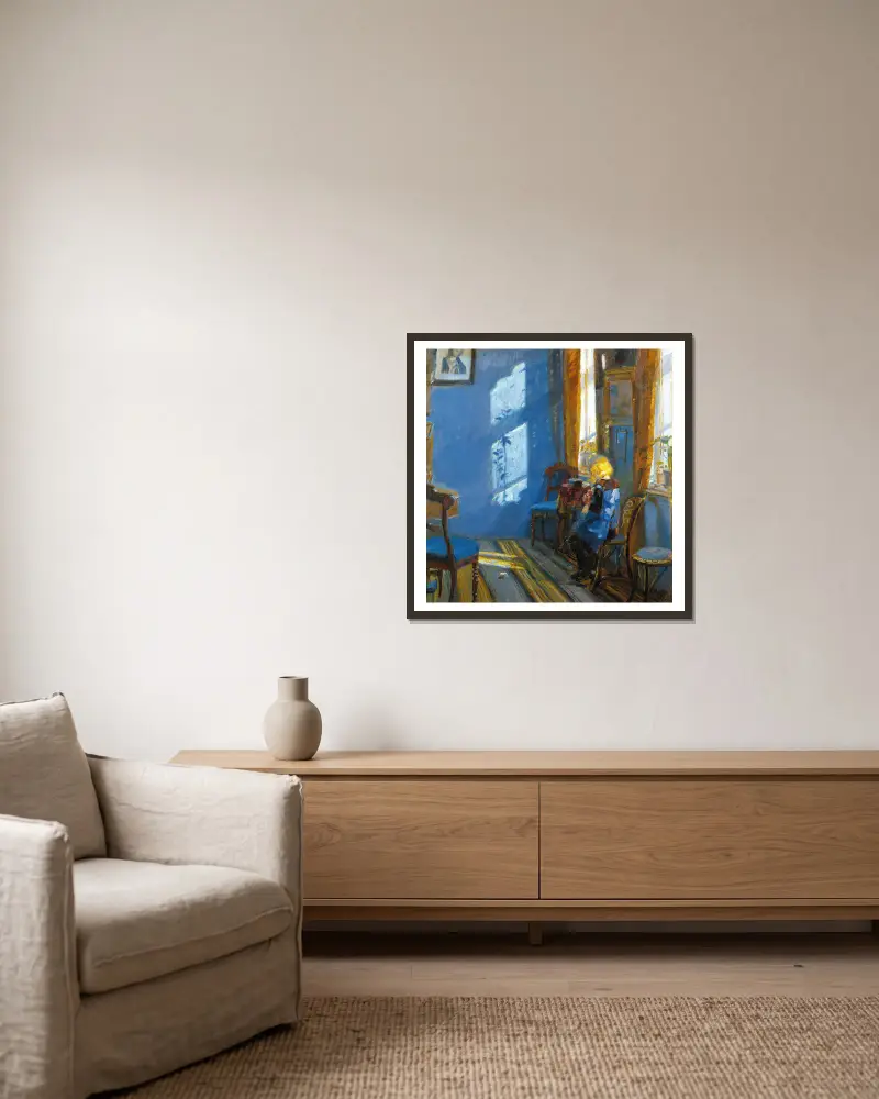 Sonnenlicht im blauen Zimmer von Anna Ancher gerahmt an einer Wand
