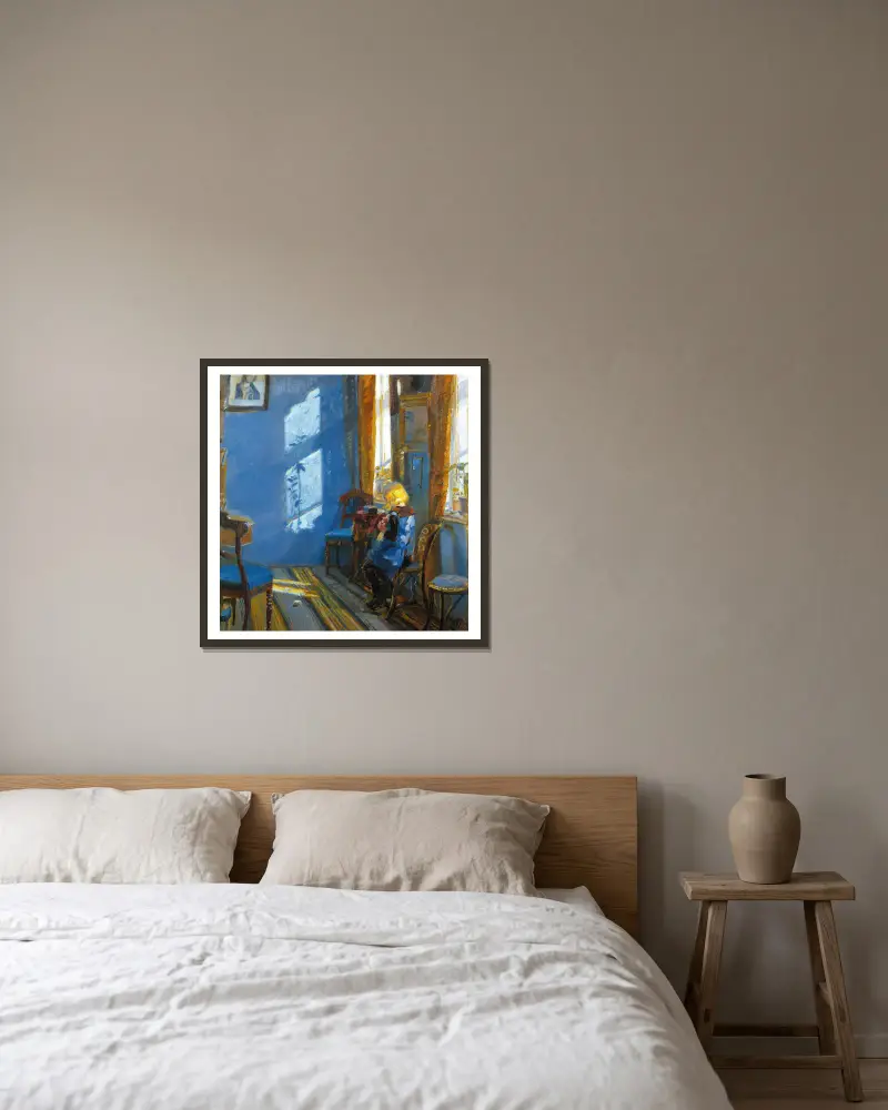 Sonnenlicht im blauen Zimmer von Anna Ancher gerahmt an einer Wand