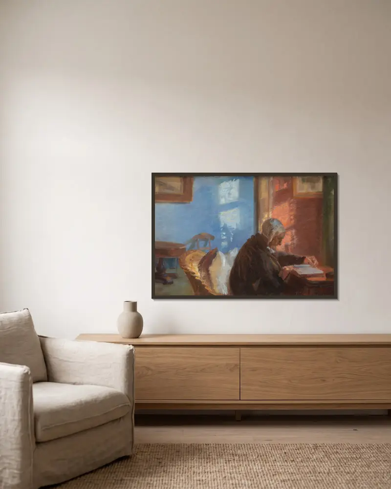 The Artist’s Mother Ane Hedvig Brøndum in the Red Room av Anna Ancher inramad på en vägg