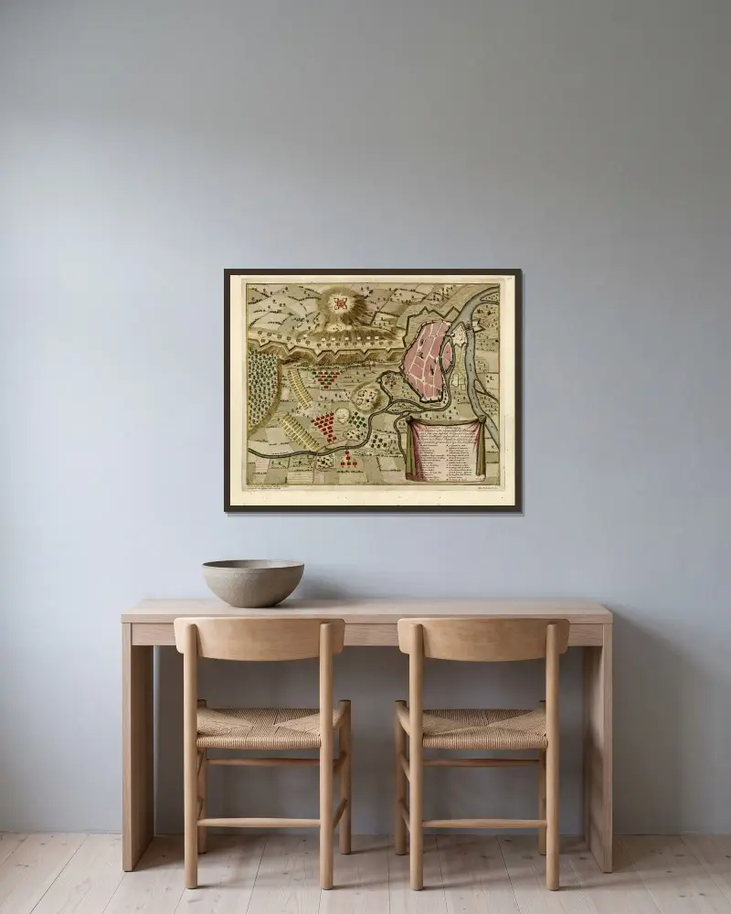 Merkwürdige Darstellung der glorreichen Aktion bei Donauwörth von Anna Beek gerahmt an einer Wand