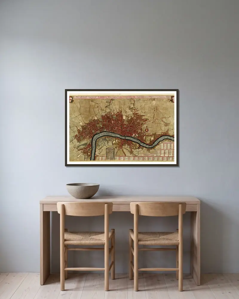 Survey of London, Westminster, and Southwark av Anna Beek inramad på en vägg