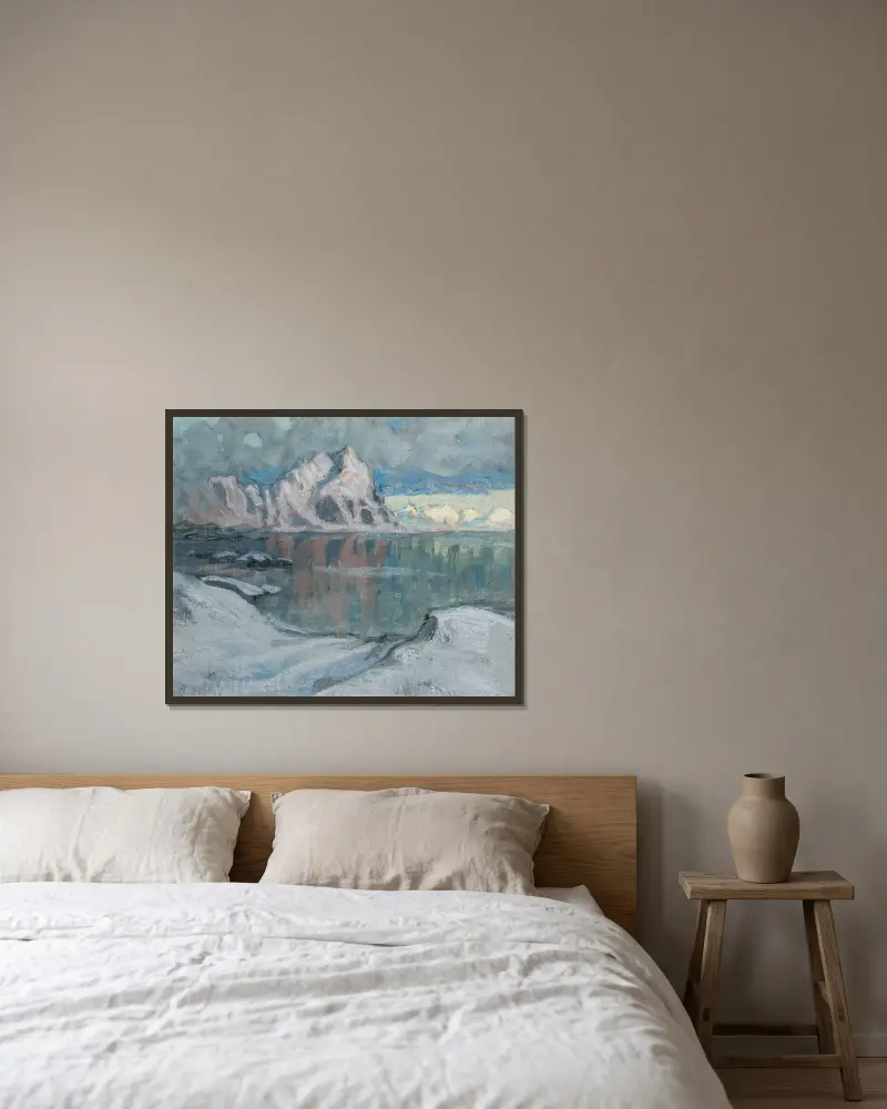 Båtar mellan bergen. Studie från Lofoten av Anna Boberg inramad på en vägg