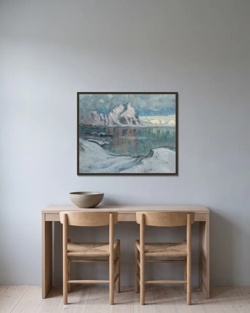 Båtar mellan bergen. Studie från Lofoten av Anna Boberg inramad på en vägg