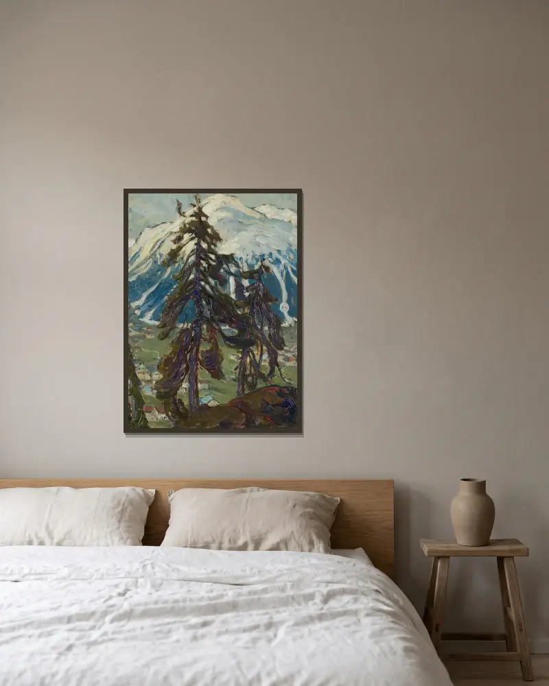 Granskog framför fjällen. Studie från Nordnorge av Anna Boberg inramad på en vägg