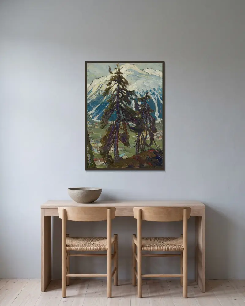 Granskog framför fjällen. Studie från Nordnorge av Anna Boberg inramad på en vägg