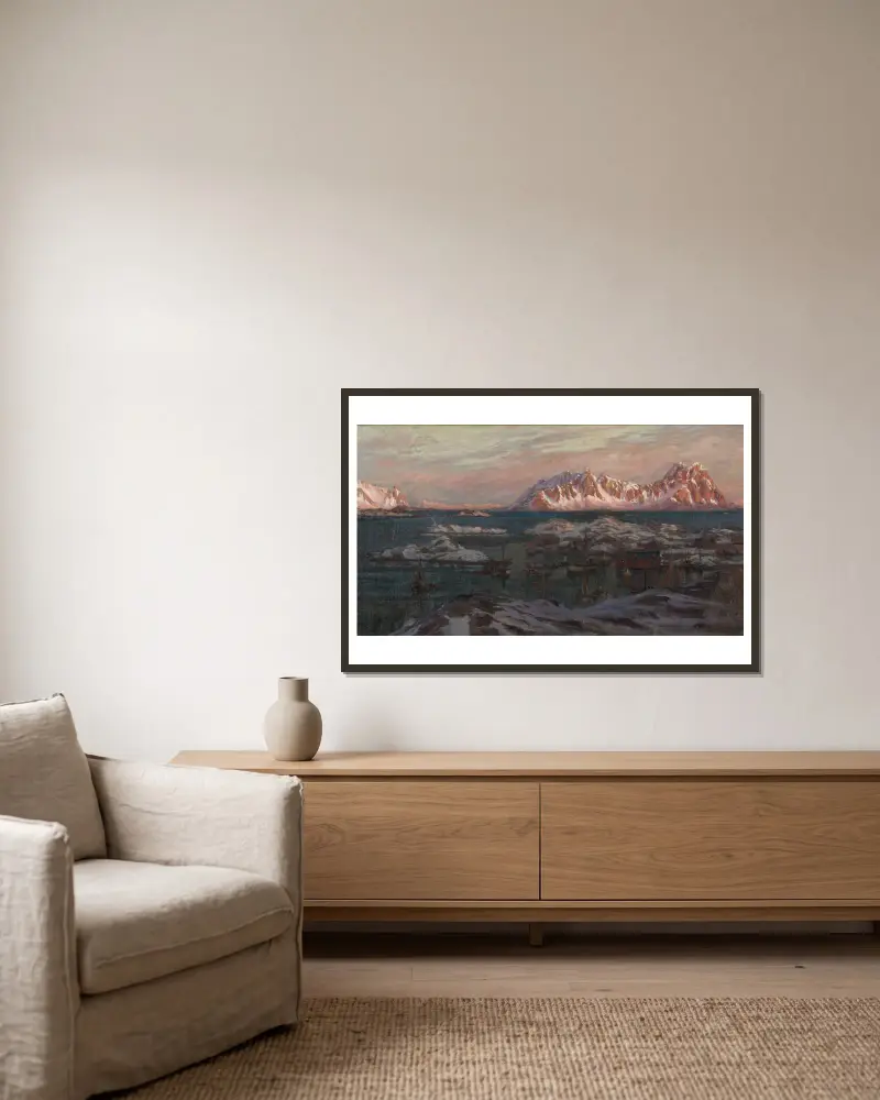 Fishing Harbour with Sunlit Mountains. Study from North Norway av Anna Boberg inramad på en vägg