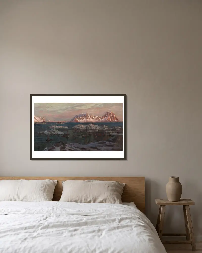 Fishing Harbour with Sunlit Mountains. Study from North Norway av Anna Boberg inramad på en vägg