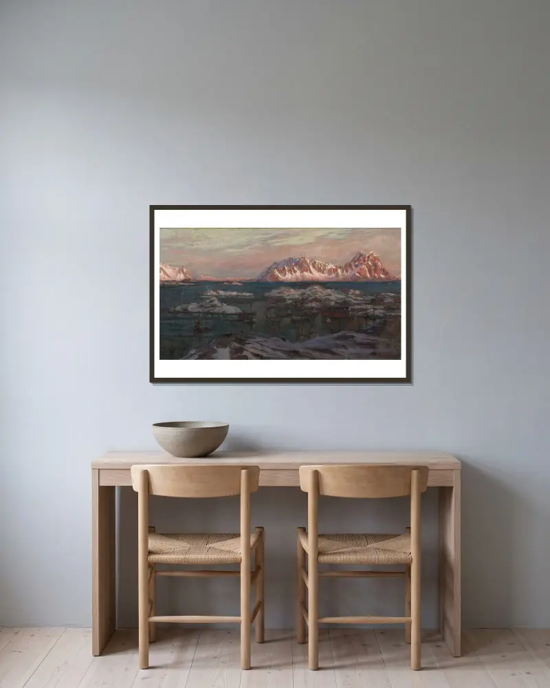 Fishing Harbour with Sunlit Mountains. Study from North Norway av Anna Boberg inramad på en vägg