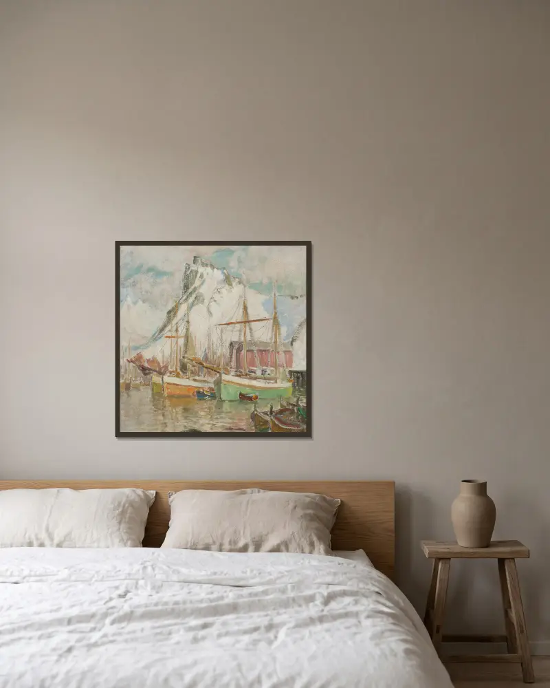Im Hafen von Svolvær. Studie aus Lofoten von Anna Boberg gerahmt an einer Wand