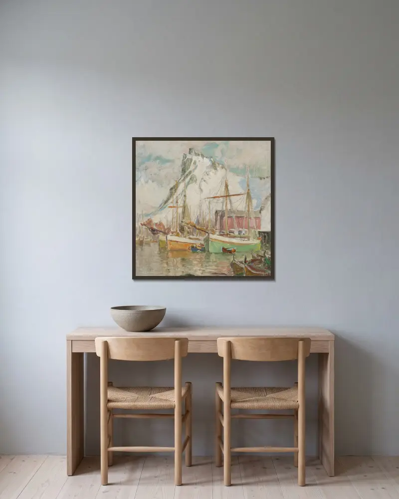 Im Hafen von Svolvær. Studie aus Lofoten von Anna Boberg gerahmt an einer Wand