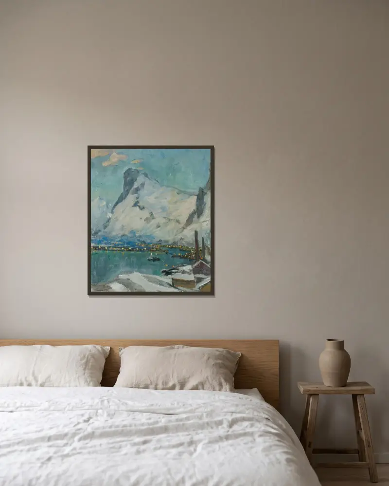 Lofoten i kvällsljus. Studie av Anna Boberg inramad på en vägg