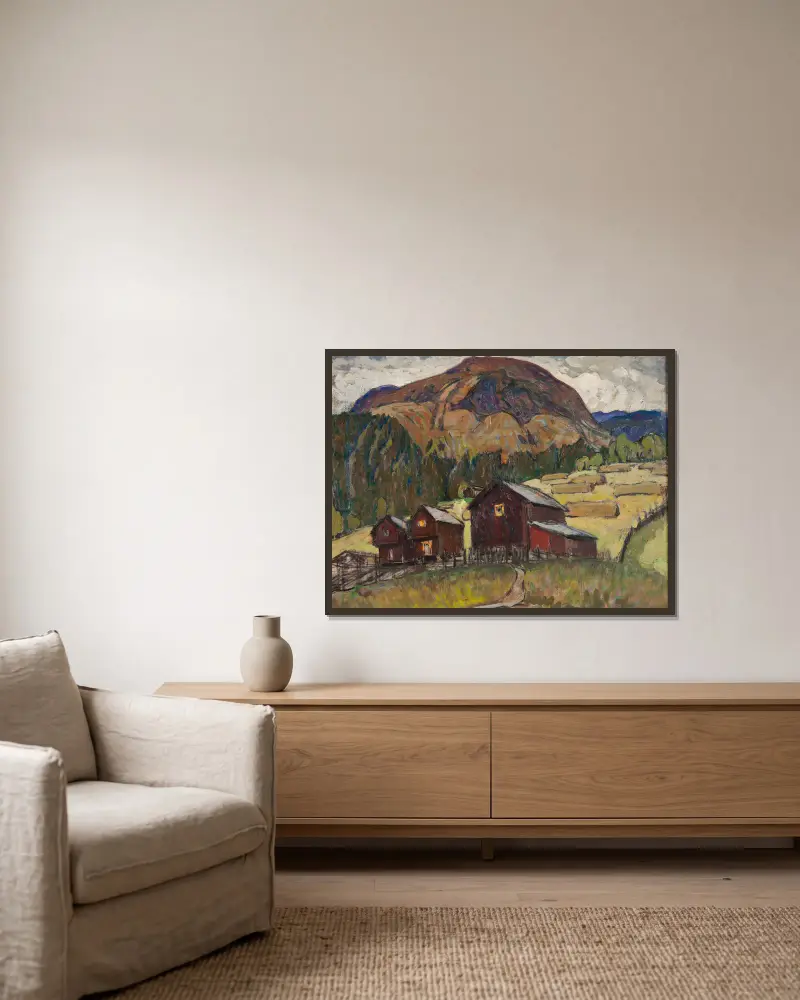 Sommarlandskap med fäbodar. Studie från Nordnorge av Anna Boberg inramad på en vägg