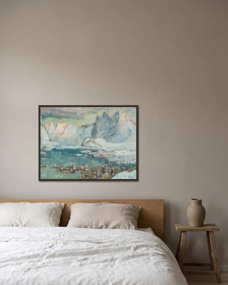 Svolvær hamn vid fiskesäsongens höjdpunkt. Studie från Lofoten, 1934 – nr 2 av Anna Boberg inramad på en vägg