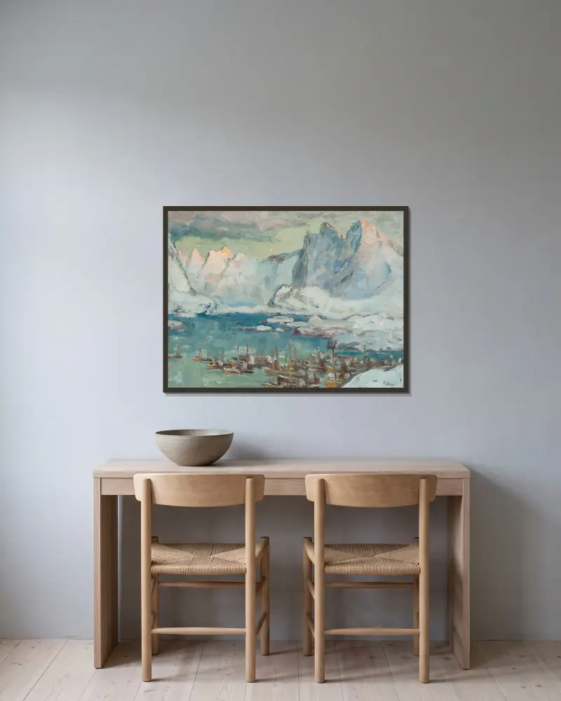 Svolvær hamn vid fiskesäsongens höjdpunkt. Studie från Lofoten, 1934 – nr 2 av Anna Boberg inramad på en vägg
