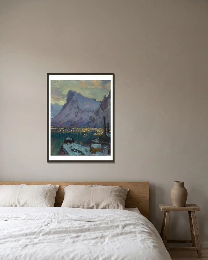Svolvær hamn under fiskesäsongens höjdpunkt. Studie från Lofoten, 1934 – nr 1 av Anna Boberg inramad på en vägg