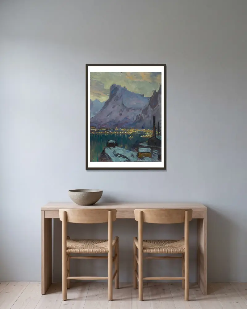 Svolvær hamn under fiskesäsongens höjdpunkt. Studie från Lofoten, 1934 – nr 1 av Anna Boberg inramad på en vägg